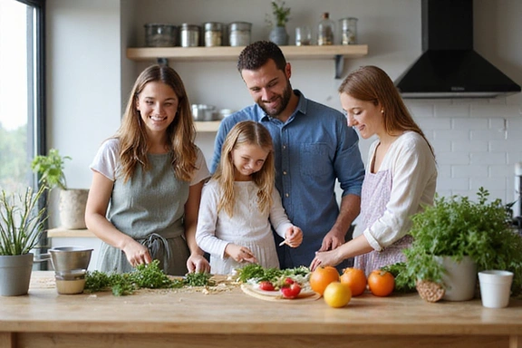 Glückliche Familie kocht zusammen in einer modernen Küche.