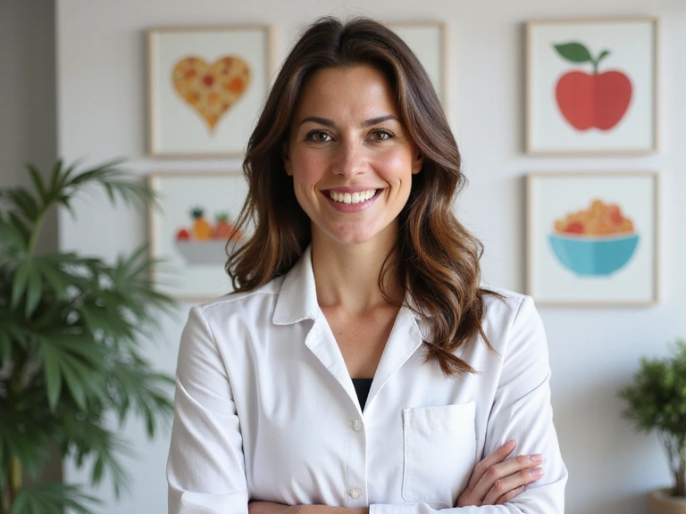 Professional portrait of a friendly, trustworthy nutritionist, smiling warmly